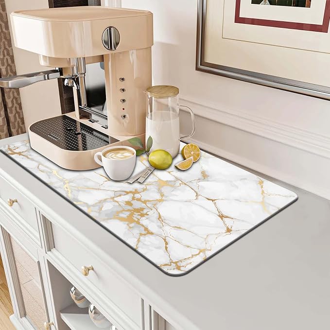 MCALK Marble White Dish Drying Mat for Kitchen Counter, Gold Dish Drying Pad with Anti-Slip Rubber Base, Absorbent Kitchen Sink Mat with Modern Art Decor (1 pc 18" x 16")