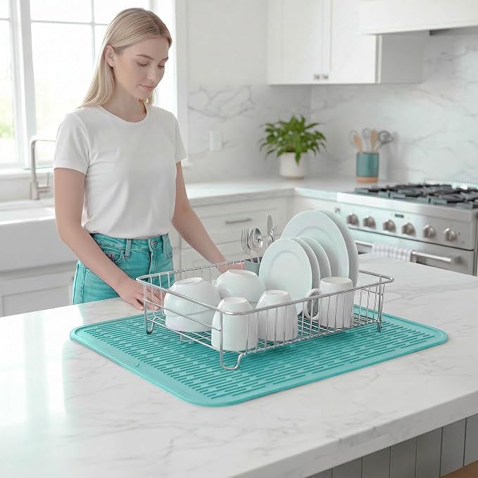 MicoYang Silicone Dish Drying Mat for Multiple Usage,Easy clean,Eco-friendly,Heat-resistant Silicone Mat for Kitchen Counter or Sink,Refrigerator or Drawer Liner Mint 2XL 24 inches x 18 inches