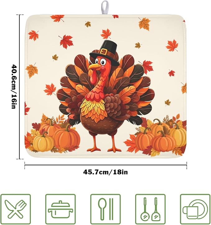 Thanksgiving Dish Drying Mat for Kitchen Counter Autumn Harvest Turkey Pumpkin Maple Leaves Microfiber Dish Drainer Mat Rustic Fall Holiday Absorbent Washable Drying Pad 16"x18"