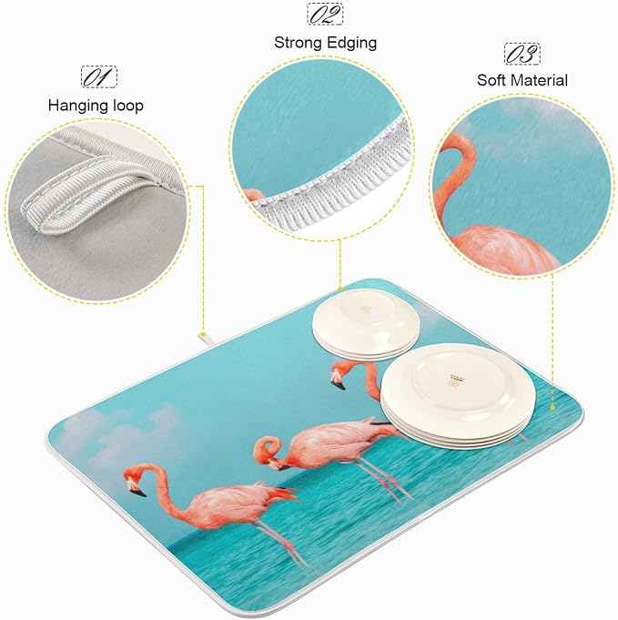 Absorbent Dish Drying Mat for Kitchen Counter - Blue Beach Flamingos Microfiber Drying Pad, Reversible Drainer Mats for Countertop, Small 16 x 18 inch