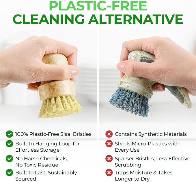 AIRNEX Bamboo Dish Brush Set of 2 - Natural Wooden Dish Scrubber with Sisal & Coconut Bristles - Plastic Free Kitchen Scrub Brush for Dishes, Sink, Pots & Pans - Non Scratch Kitchen Dish Brush
