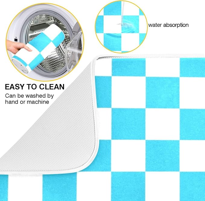 Turquoise Chessboard Dish Drying Mat for Kitchen Countertop 16x18 Teal Plaid Checkered Rectangle Small Drying Mat Reusable Quick Dry Dish Sink Absorbent Mats Easy Clean Decorative Home Essentials