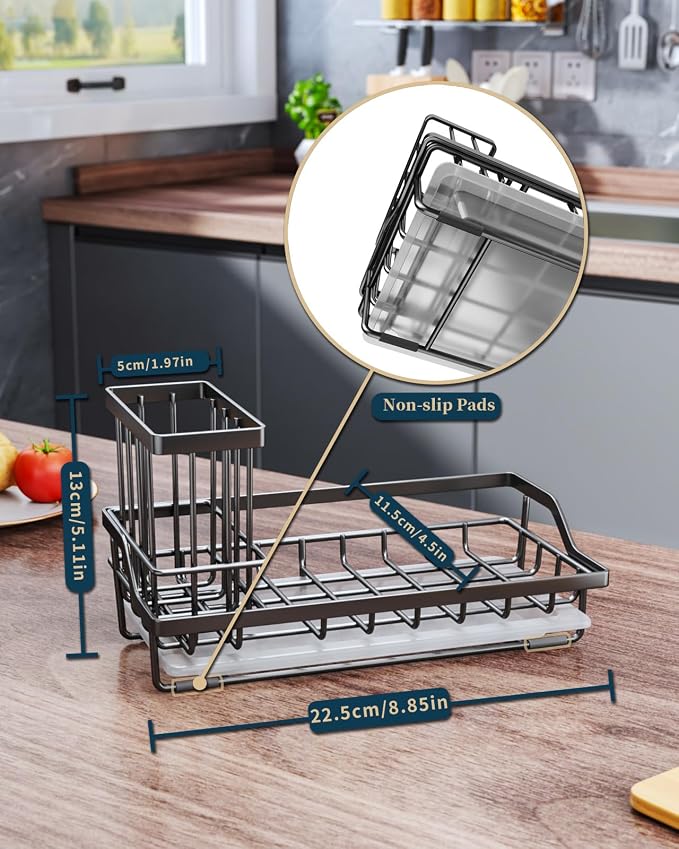 Consumest Sink Caddy, Kitchen Sponge Holder with Dish Brush Holder, Kitchen Sink Organizer with Drip Tray for Countertop Stainless Steel Rustproof, Black-Large