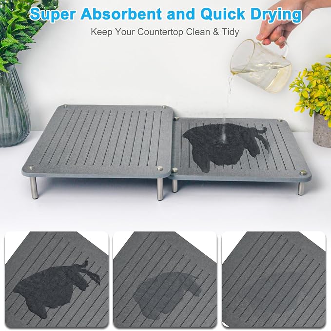 3Pcs Nesting Stone Drying Mat for Kitchen Counter, Quick Drying Stone Dish Drying Mat with Non-Slip Feet, Super Absorbent Heat Resistant Diatomaceous Earth Dish Drying Mat for Dishes, Bottles-Linear