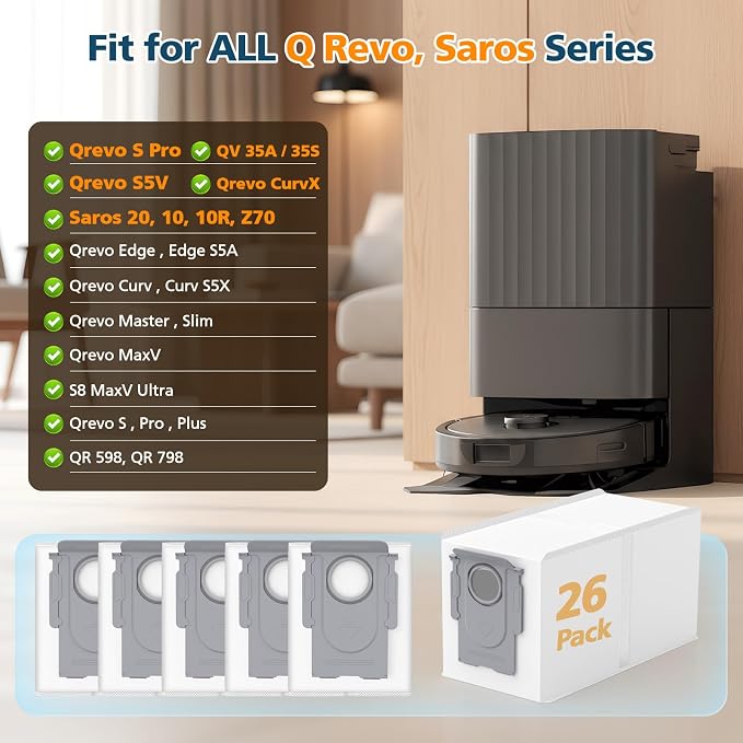 26 Pack QRevo Dust Bags Replacement for Roborock QV 35A, Qrevo S5V, Saros 10/10R, Z70, Curv/Curvx, Q Revo S/Pro/Plus/MaxV/Edge/ S5X/ S5A, S8 MaxV/Max Ultra Robot Vacuum Cleaner