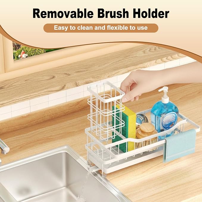 Sponge Holder for Kitchen Sink, Self-draining Sink Organizer with Towel Rack and Brush Holder, Metal Kitchen Sink Organizer for Countertop, White