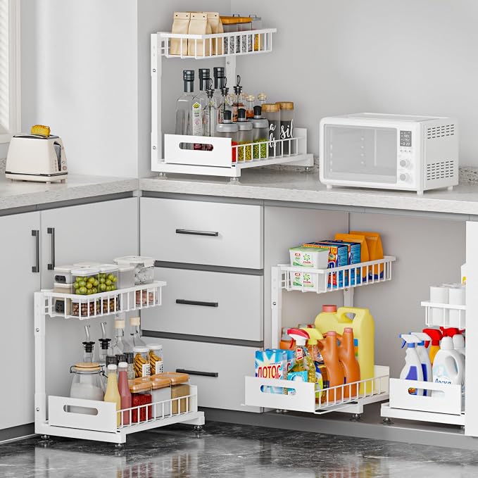 Saydear 2-Pack L-Shaped Under Sink Organizer, 2-Tier Pull-out Cabinet Rack | White Height-Adjustable Steel Rack, Sliding Grid Drawers with PP Liners, Holds 100 Lbs, Suction Base, Ideal Kitchen Storage