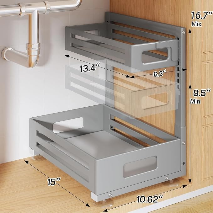 2 Pack Under Sink Organizer,Pull Out Cabinet Organizer With Smooth Cylindrical Rail,Metal Slide Out Drawer for Kitchen Bathroom Laundry Cabinet,8-Level Tool Free Height Adjustable-Gun Gray