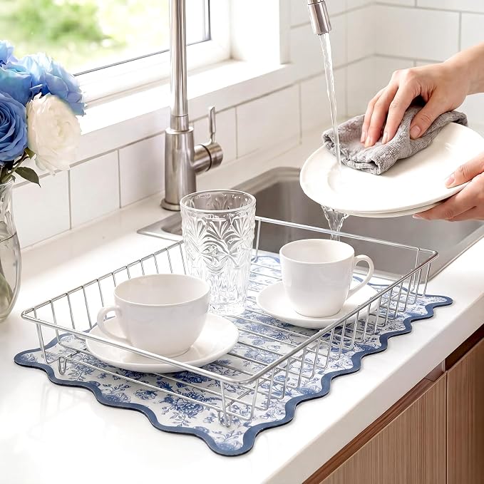 Scalloped Chinoiserie Blue Floral Dish Drying Mat 12"x20" Absorbent Coffee Mat Cuttable Hide Stain Non-slip Drying for Kitchen Counter Coffee Maker Espresso Machine
