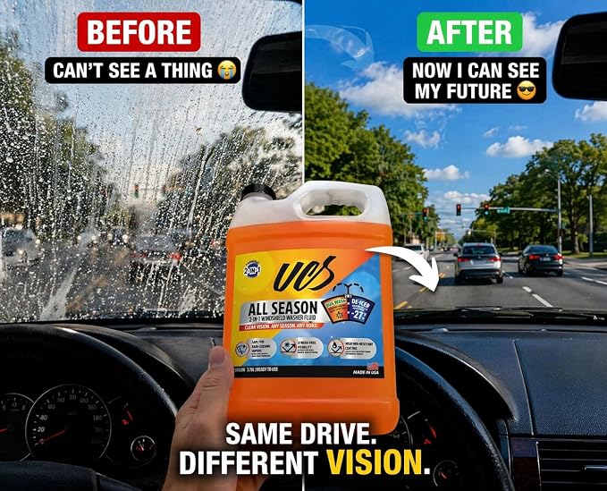 UCS Advanced All-Season Windshield Washer Fluid -27°F, Water Repellent Technology, Powerful Bug Remover, Streak-Free Cleaning, Ready-to-Use RTU, 1 Gallon
