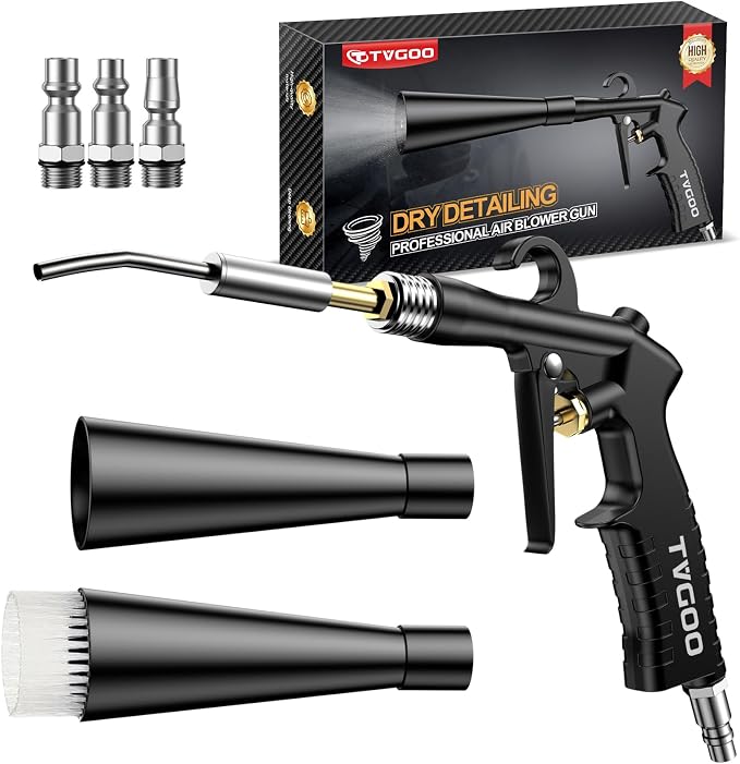 Air Cleaning Gun for Car Detailing, Works with Air Compressor | Aluminum alloy air blaster with 0-230 PSI airflow, Soft brush and 3 adapters for vents, Seat gaps and garage cleanup