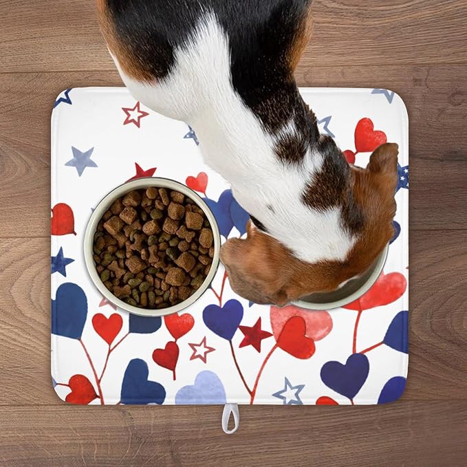 4th of July Dish Drying Mat for Kitchen Counter Patriotic Red Blue Star Love Heart Pattern Microfiber Dish Drainer Mat Independece Day Absorbent Washable Drying Pad 16"x18"