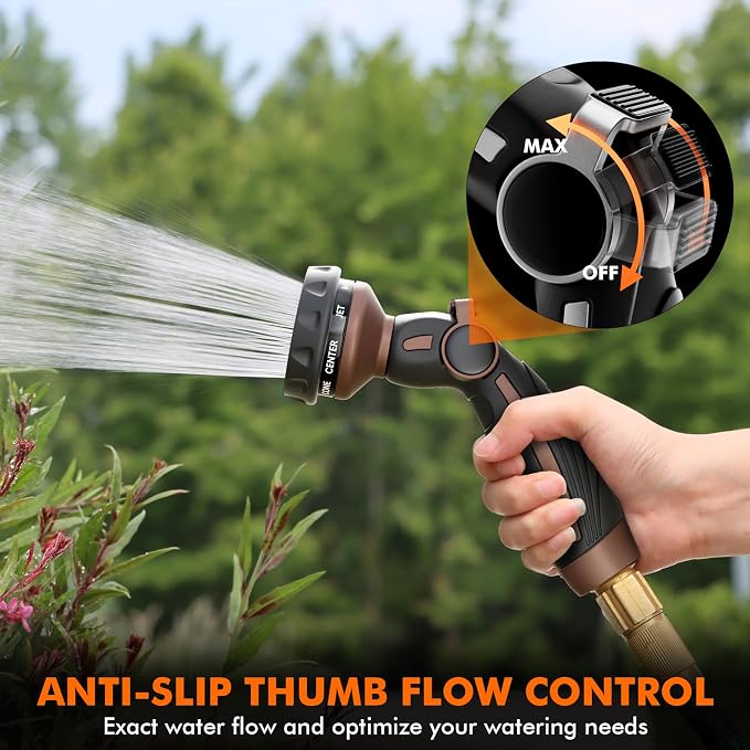 RESTMO Hose Nozzle Heavy Duty, Metal Water Hose Sprayer for Garden | 9 Spray Patterns, Leak Proof, Thumb Flow Control, On/Off Valve, Ideal for Outdoor Lawn & Plant, Car & Pet, Brown