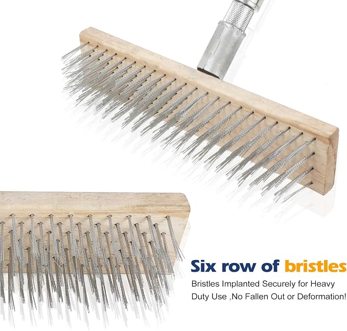 Floor Scrub Brush, Concrete Outdoor Broom Long Handle Cleaning Tool | Metal Wire Pool Deck Brush Stainless Steel, Garage Patio Gunite Tile Algae Moss for Scrubbing Heavy Duty