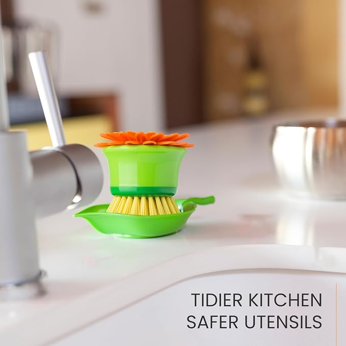 Vigar Flower Power Palm Dish Scrub Brush with Holder, Kitchen Scrub Brush for Dishes, Dish Scrubber, Sink Brush, Dishwashing Brush and Vegetable Scrubber for Household Cleaning - Orange, Green