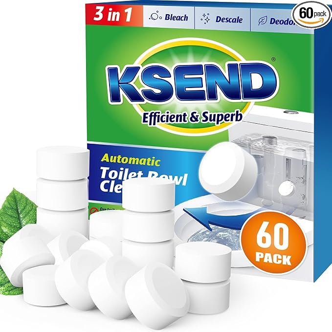 Ksend Toilet Bowl Cleaner Tablets - 60 PCS Automatic Bleach Toilet Cleaner Tablets, Slow-Releasing Deodorizing & Descaling, Powerful Bathroom Tank Cleaner