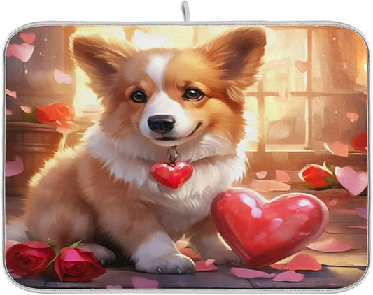 Dish Drying Mat Kitchen Counter Absorbent Valentine Corgi Coffee Sink Mat Dish Drainer Pad 18 Inch x 16 Inch