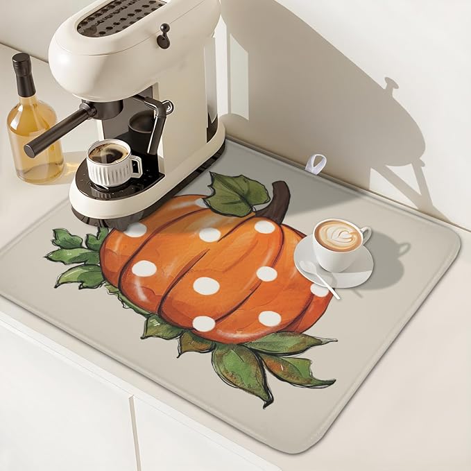 Fall Pumpkin Dish Drying Mat for Kitchen Counter 16 x 18 Inch Autumn Green Leaf Dish Drainer Mat Absorbent Microfiber Thanksgiving Harvest Dish Rack Pad for Coffee Dining Bar Decor