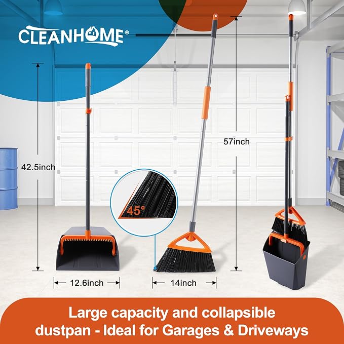 CLEANHOME Heavy Duty Outdoor Broom and Dustpan Set with Long Handle | Long Handle, Standing Dustpan & Split-End Bristles for Patio, Garage, Deck, Leaves Debris Cleaning