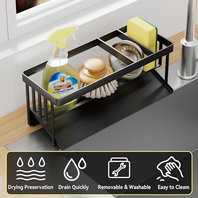 Kitchen Sink Caddy Organzier with Sponge Holder and Removable Drip Tray for Kitchen Sink, 304 Stainless Steel Organize for Sponge Soap Dish Brush Storage Accessories(Black)