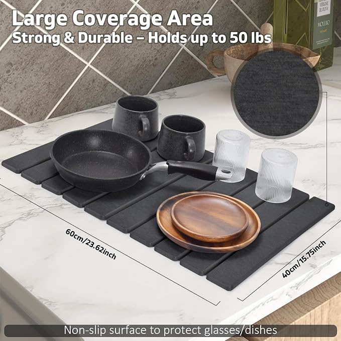 Large Stone Dish Drying Mat for Kitchen Counter, Quick Dry Dish Drying Mats, Foldable Absorbent Diatomaceous Earth Mats for Plate Rack Bottles Cups, Match Any Countertop (Dark Gray 24"×16" & 8"x4")