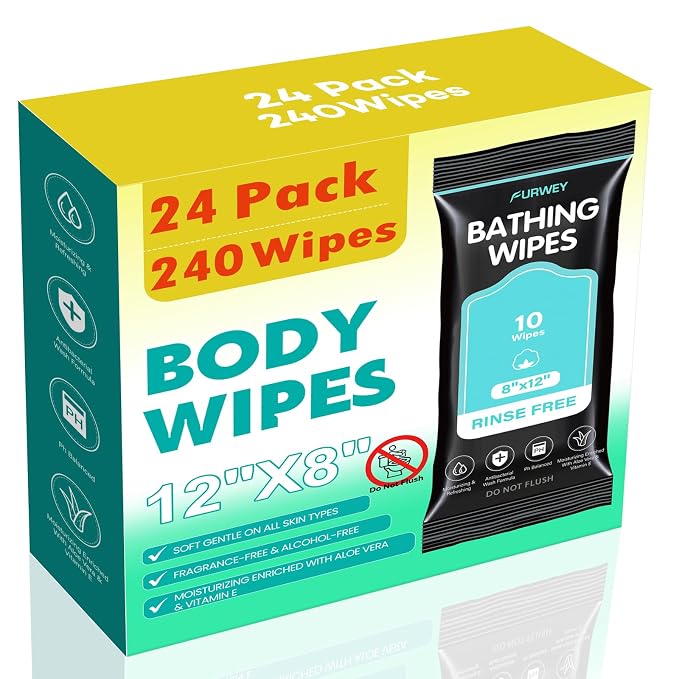 XL No-Rinse Body Wipes for Adults –24 Packs (240 Total) – Oversized, Extra Thick, and Shower-Fresh – Soft, Gentle & Disposable – For Men, Women, and Seniors – Ideal for Camping & Travel（Do Not Flush）