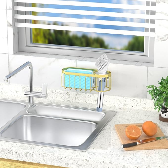 2-in-1 Sponge Holder for Kitchen Sink, Sink Caddy Kitchen Sink Organizer with 3 Suction Cups, No Drill Rustproof Sink Sponge Holder for Dish Brush, Soap & Sponge (Gold)