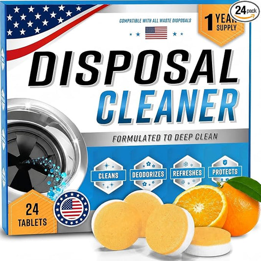 Garbage Disposal Cleaner Deodorizer Tablets, XL Foaming Citrus Sink Drain Disposal Cleaner Tablets Odor Eliminator, Grease Grime Food Residue Remover, Septic Safe, 24 Pack for 1 Year Supply