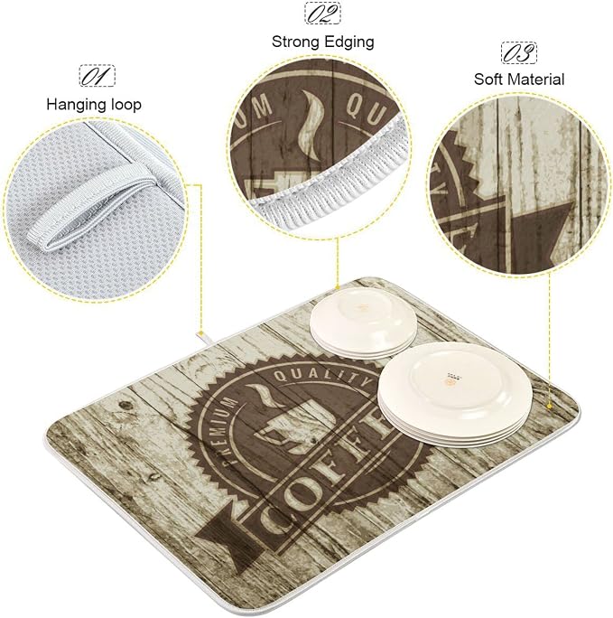 Super Absorbent Dish Drying Mat, Microfiber Fast-Drying Dish Mat, 24" x 18", Kitchen Dish Drying Pad, Retro Coffee Old Beans Vintage Wood