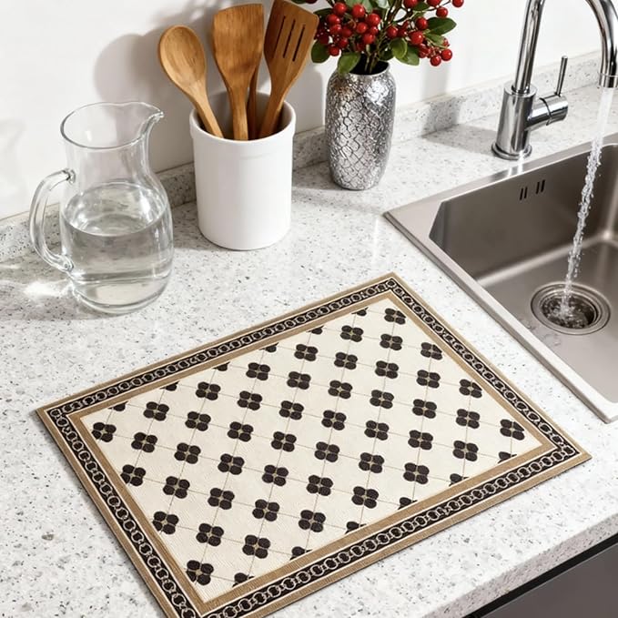 Dish Drying Mat, Coffee Bar Mats for Countertop, Cabinet Mats | Good water absorption, multiple pattern, anti-slip, easy to clean, coffee bar accessories, bathroom counters, durable