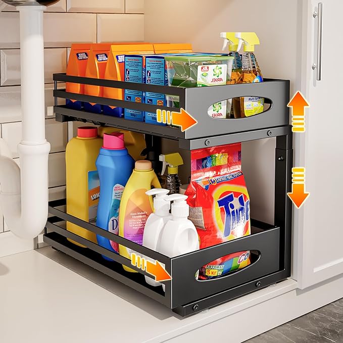 Under Sink Organizer, 2 Tier Under Sink Organizers and Storage, Adjustable Height, Slide out Metal Cabinet Organizers, Pull out Cabinet Storage Drawer Shelf for Kitchen Bathroom (Black, 1 Pack)