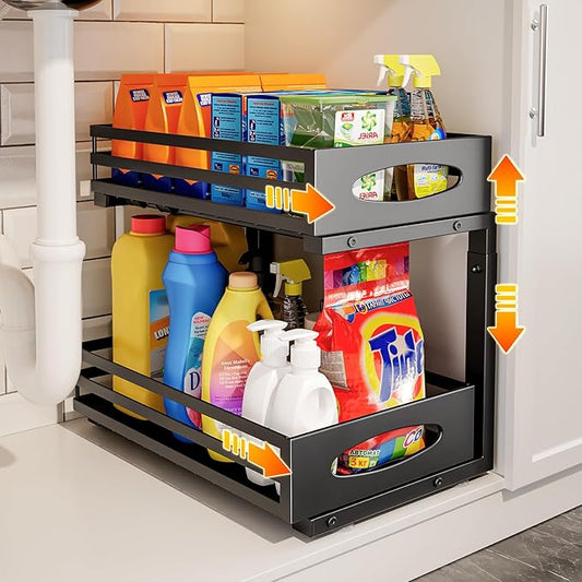 Under Sink Organizer, 2 Tier Under Sink Organizers and Storage, Adjustable Height, Slide out Metal Cabinet Organizers, Pull out Cabinet Storage Drawer Shelf for Kitchen Bathroom (Black, 1 Pack)