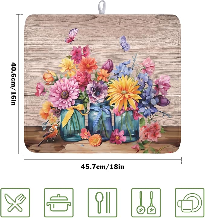 Purple Floral Wooden Board Dish Drying Mat 16x18 Inch | Vases，Vintage，Polyester，Absorbent Microfiber，for Kitchen Coffee Dining Bar Decor