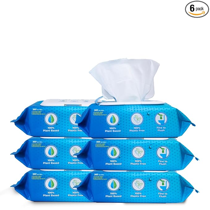 Flushable Wet Wipes, 6 Pack - 60 Wipes Per Pack (360 Count), XL Adult Cleansing Cloth for Men & Women, Hypoallergenic 100% Plant Based Disposable, Septic & Sewer Safe, Fragrance Free