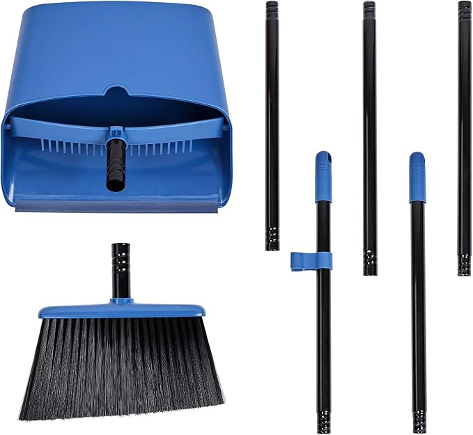 Long Handled Dustpan and Brush, Broom and Dustpan Set, Household Dust pan Combo with 54 Inch Handle for Indoor Outdoor Household Cleaning and Sweeping (Blue)