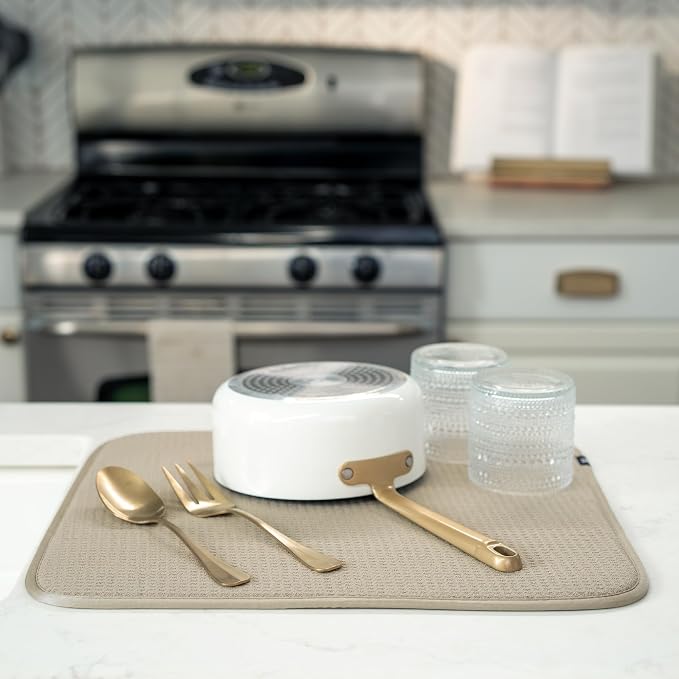 S&T INC. Dish Drying Mat, 2 Pack, 16" x 18", Large, Beige | Absorbent Microfiber, 2PK Kitchen Counter Mat for Dishes, Utensils, Pots and Pans, Machine Washable