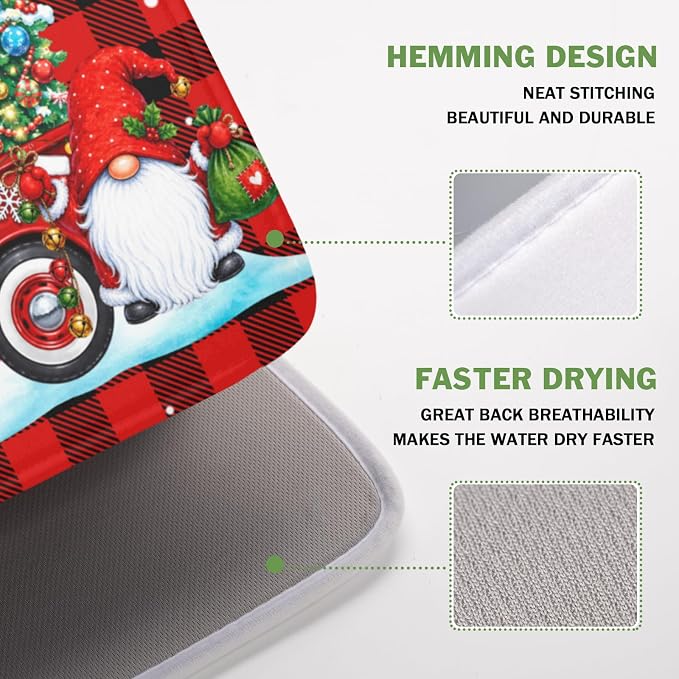 Christmas Dish Drying Mat for Kitchen Counter Xmas Gnome Truck Red Black Buffalo Plaid Dish Drainer Mat Rustic Farmhouse Holiday Absorbent Washable Drying Pad 16"x18"