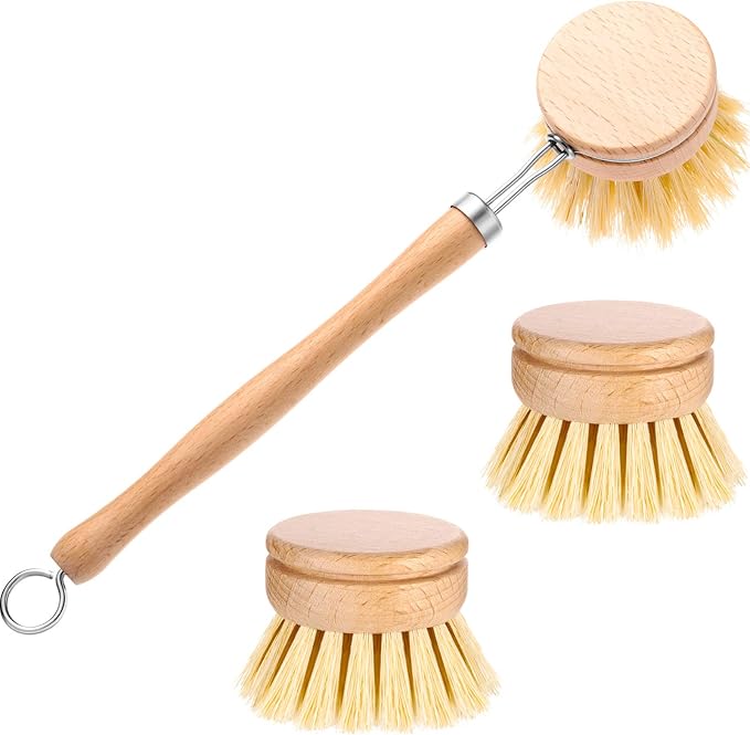 Boao 3 Pack Dish Brush with Beechwood Handle with Replacement Heads Natural Wood Dish Scrub Brush for Washing and Cleaning Pots and Pans