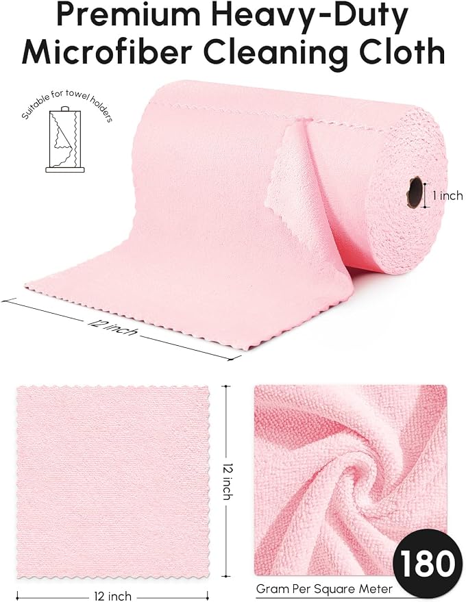 Microfiber Cleaning Cloths Roll, 225 Pack Tear Away Microfiber Towels Roll, 12" x 12" Lint Free Rags, Reusable Cleaning Cloths, Washable, Scratch Free,Ultra Absorbent Dish Rags(Pink)