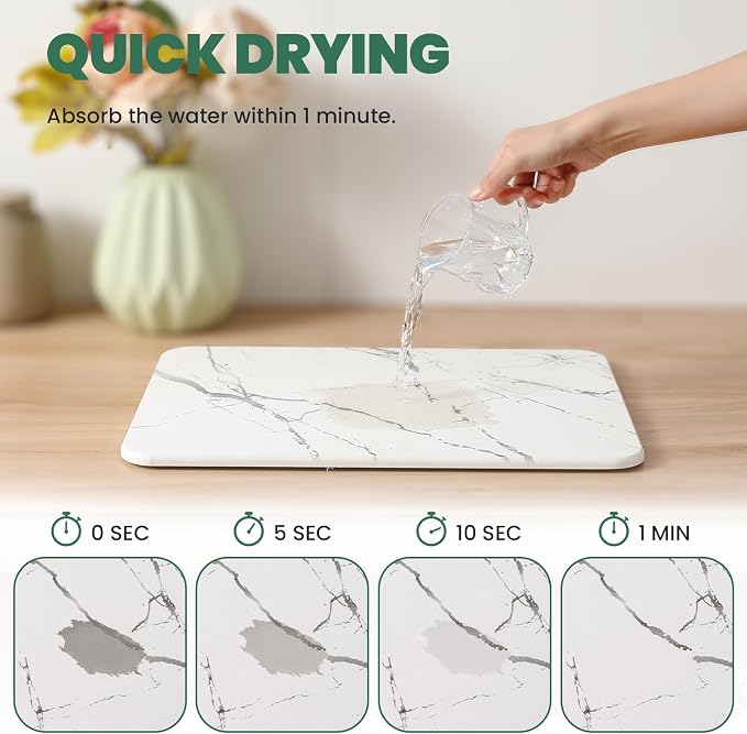 WALL 2 Pack Quick Dry Stone Drying Mat for Kitchen Counter, Water-Absorbent Diatomaceous Dish Drying Mats, Multi-Purpose Stone Drying Tray for Cups Dishes Bottles, Pearl White-Marble