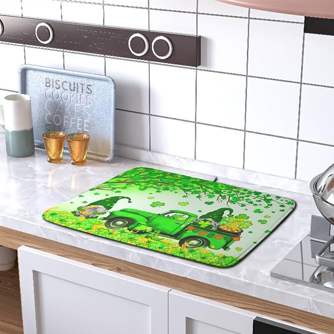 St Patrick's Day Shamrock Dish Drying Mat for Kitchen Counter Green Gnome Truck Dish Dry Mat St Patrick Spring Drying Mats Microfiber Absorbent Dish Drainer Rack Mat Large 18x24 Inch