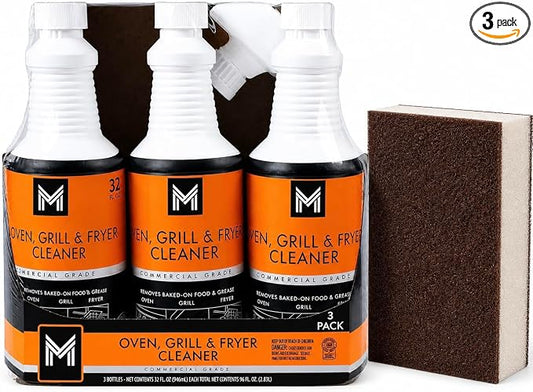 Member’s Mark Commercial Oven, Grill & Fryer Cleaner, Heavy Duty Degreaser, Removes Baked-On Grease & Burnt Food, Restaurant Grade, 3 Pack, 32 fl oz Each, Includes Magic Brick Sponge