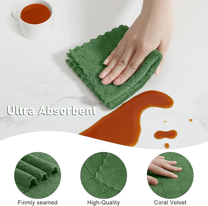 Homaxy Kitchen Towels and Dishcloths Set, 10 x 10 and 13 x 19 Inches, Set of 12 Super Soft and Absorbent Coral Velvet Kitchen Towels, No Lint and Nonstick Oil Fast Drying Dish Towel, Grass Green