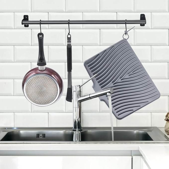 TIKNIK Silicone Dish Drying Mat for Kitchen Counter - Heat Resistant & Non-Slip Dish Drain Pad with Built-In Drain, Dishwasher Safe, Quick-Dry, Hangable & Roll-Up for Storage, Grey-1pcs, 20" x 15"
