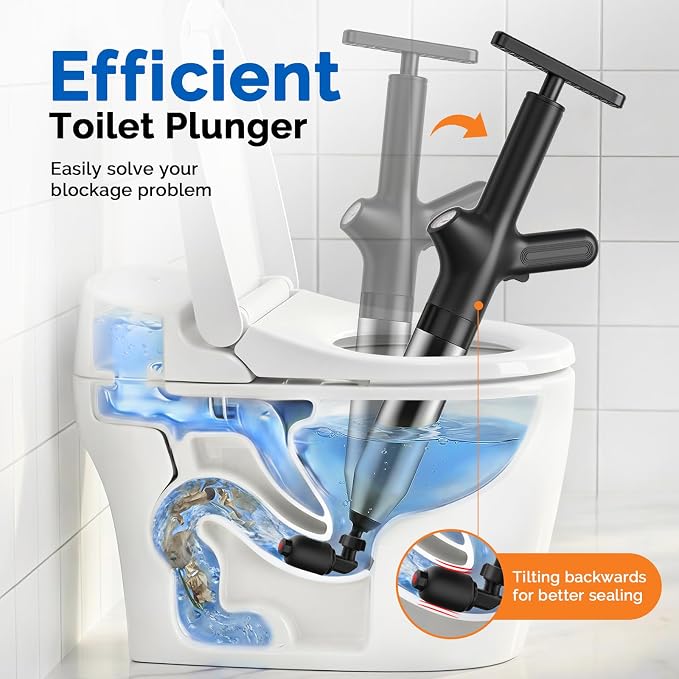 HAMITOR Toilet Plunger Drain Clog Remover: High Pressure Air Plunger & Heavy Duty Toilet Snake with Barometer for Bathroom,Sink - Unclogging Tool for Failed Traditional Plungers, Black