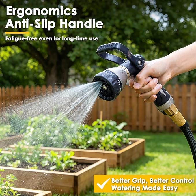 FANHAO Fireman Style Water Hose Nozzle Heavy Duty Metal, 8 Spray Patterns | Large Lever Control, Non-Slip Ergonomic Grip, High Pressure, Rustproof Leakproof Garden Hose Sprayer for Garden, Car & Pet