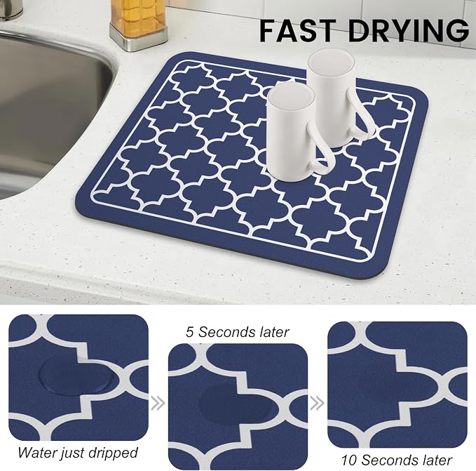 WISELIFE Dish Drying Mat Super Absorbent Drying Mat Large Dish Drying Mats for Kitchen Counter Easy Clean Dish Mat Kitchen Drying Mat15"x 18" Stylish Blue
