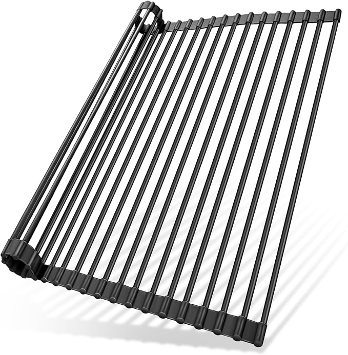 Ohuhu Over The Sink Dish Drying Rack, 20.5" W x 13.1" L Rolling Dish Drainer Foldable Sink Accessories Heat-Resistant Mat Anti-Slip Silicone Coated Dish Racks for Kitchen Counter