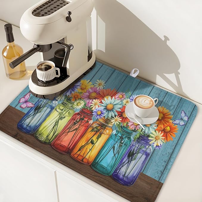 Vintage Floral Dish Drying Mat for Kitchen Counter Rustic Flower Vases Wooden Board Microfiber Dish Drainer Mat Spring Summer Absorbent Washable Drying Pad Extra Large 18"x24"