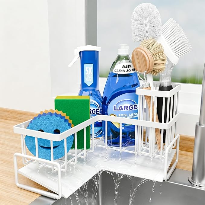 Fikoksol Large Sponge Holder for Kitchen Sink, 90-Degree Sink Caddy Organizer with Dish Brush Holder for Countertop Corner Storage Rack, White Metal L Kitchen Sink Sponge Soap Organizer Storage Ideas